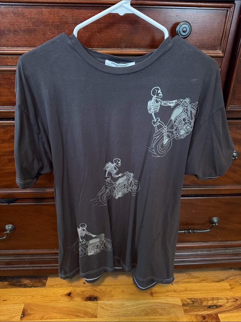 Project Social T Black Short Sleeve Tee with White Skeleton Motorcycle Graphics